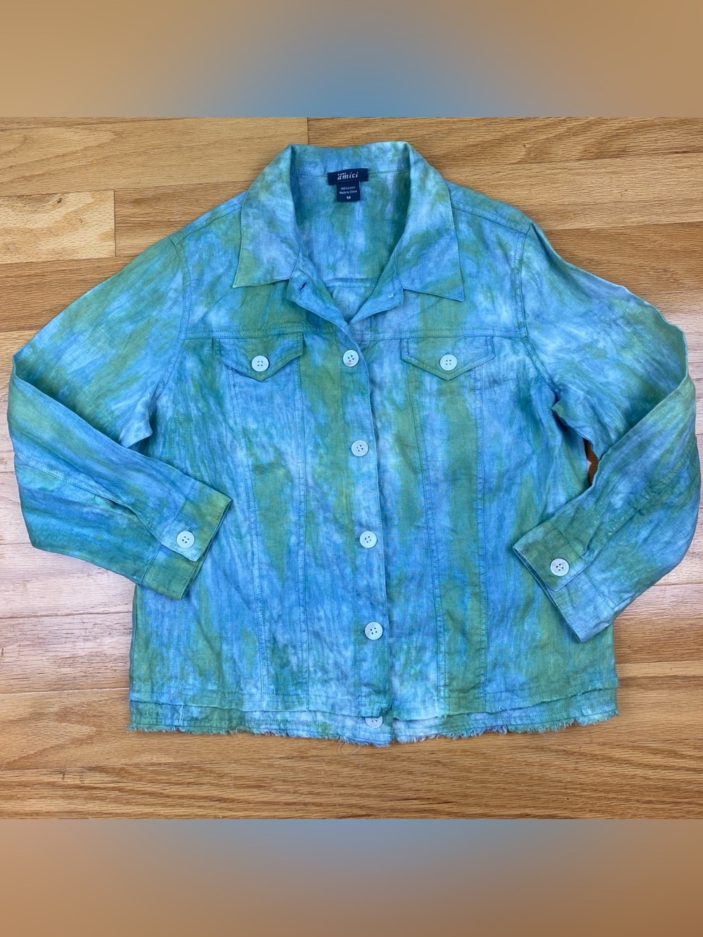 PURE AMICI Linen Tattered Tie Dye Jacket,  size M, Button Light Weight Raw